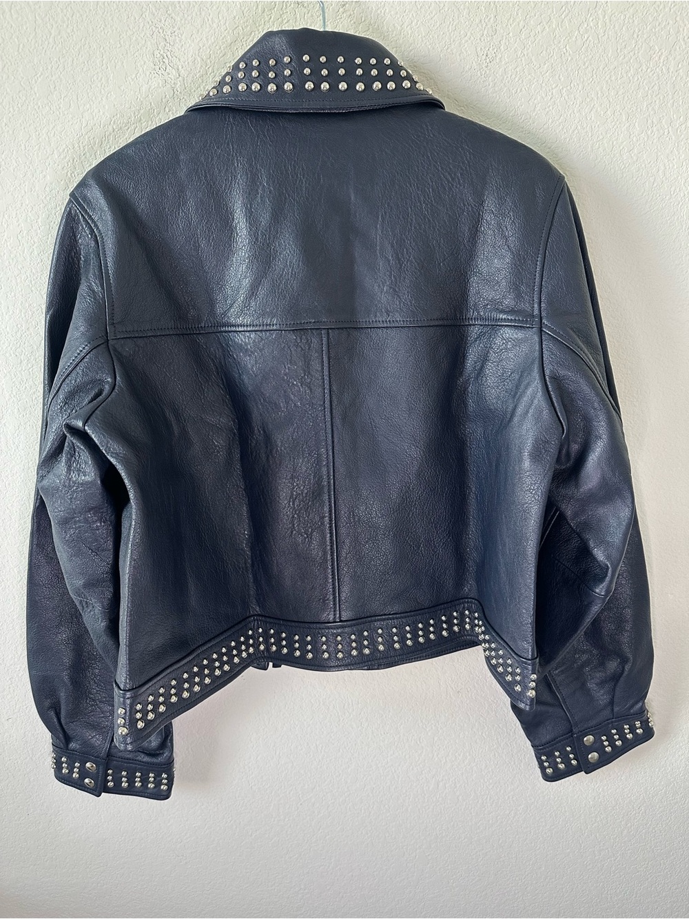 Cinq à Sept Kierstin Stud Detail Leather Navy Blue Jacket SZ XL NWT - Picture 5 of 8